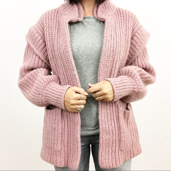 Pink Vintage 💕 size L 80s Chunky Wool Knit Oversized Cardigan Sweater Pockets - Picture 3 of 5